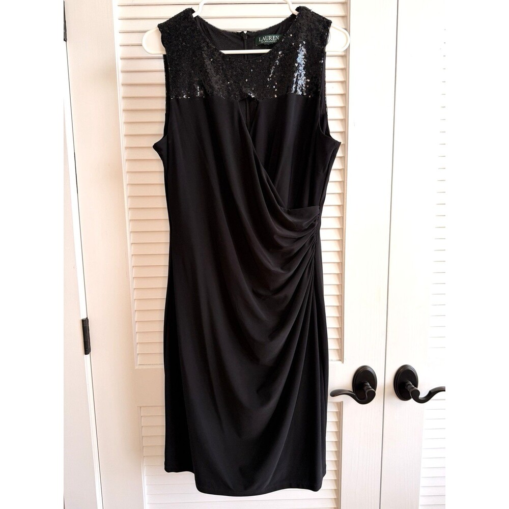 Lauren Ralph Lauren Black Sequin Sheath Dress Size 14 Sleeveless Ruched Cocktail